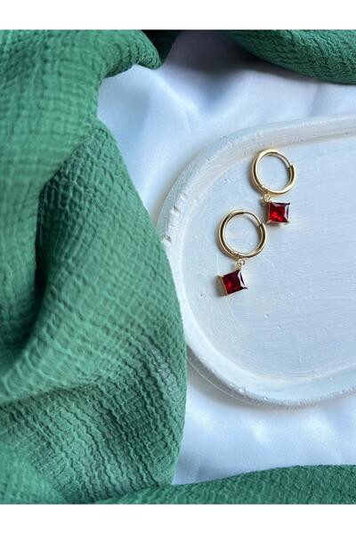 solaris design Kırmızı Altın Rengi Sallantılı Taşlı Çelik Küpe