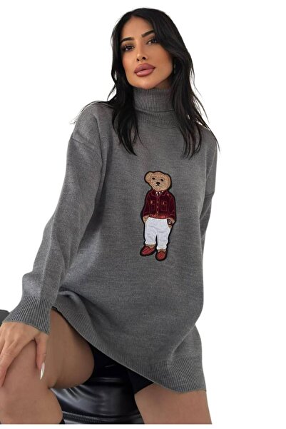 Moda Amore Oversize Women's Knitwear Sweater with Teddy Bear Pattern and Teddy Bear - Turtleneck 650
