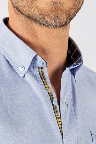 Tudors Erkek Regular Fit Klasik Kesim Pamuklu Oxford Doku Tek Cepli Mavi Düğmeli Yaka Gömlek