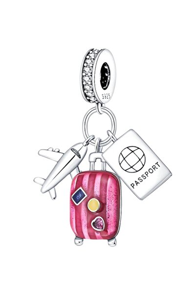 Dumledo Uçak, Pembe Bavul ve Pasaport Charm | 925 Ayar Gümüş