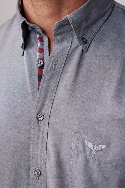 Tudors Erkek Regular Fit Klasik Kesim Pamuklu Oxford Doku Tek Cepli Gri Düğmeli Yaka Gömlek