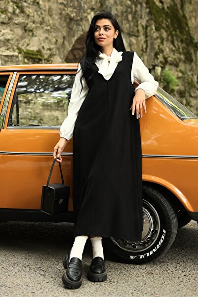 KÜÇÜĞÜM BUTİK Μαύρο φόρεμα με μακρύ χειμωνιάτικο λαιμόκοψη σε V λαιμόκοψη