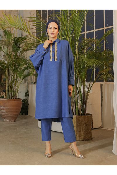 Modamorfo Lässige Indigo-Tunika aus Leinen mit Knöpfen und Spitzenstickerei