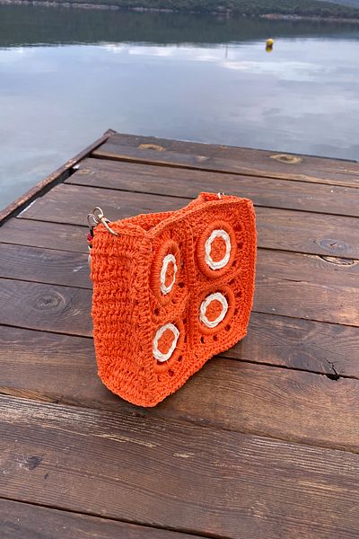 Mila Orange Straw Hand Knitted Ring Detail Motif Bag