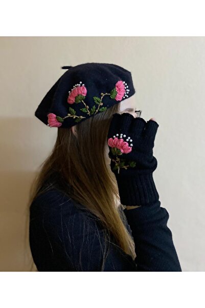 sema aksesuar New Year's Gift Handmade Pearl Pink Floral Embroidery Black Painter Beret with Fingerless Gloves Set of 2