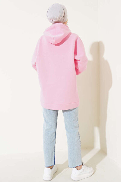 Boi Kadın Tesettür Giyim Sweatshirt - Siyah Kırmızı Gri Yeşil Sweat Kapşonlu Cepli 3 iplik kalın