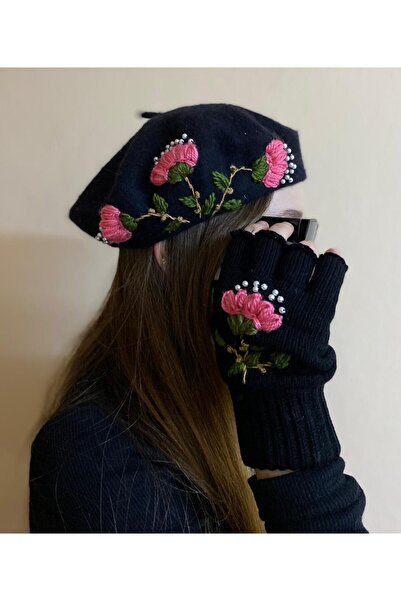 sema aksesuar New Year's Gift Handmade Pearl Pink Floral Embroidery Black Painter Beret with Fingerless Gloves Set of 2