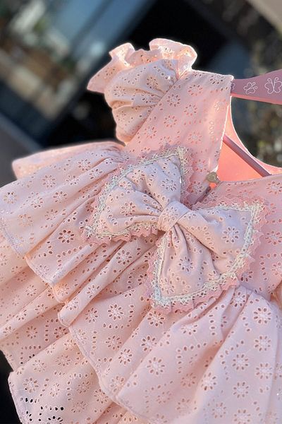 Bertuğ Bebek Powder Pink Salmon Evening Dress with Lace and Gather Detail for Baby Girl