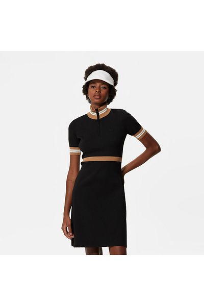 Lacoste Women's Flare Fit Short Sleeve Stand Collar Black Dress