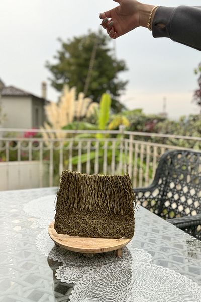 Mila Khaki Hand Knitted Tasseled Paper Rope Bag