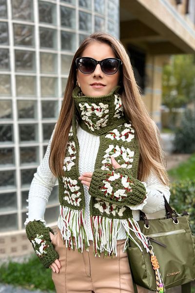 Mila Khaki Hand Knitted Motif Tasseled Scarf & Gloves Set