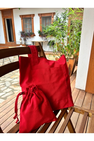 Sumicorn Design Kırmızı Keten Ekolojik Bez Çanta ve Kese Seti,Cepli Keten Kol...