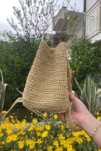 Mila Beige Straw Lace-Up Paper Rope Bag