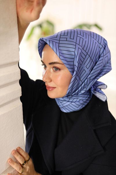 Silk Home Blue Geometric Pattern Tivil Silk Scarf-11447-38