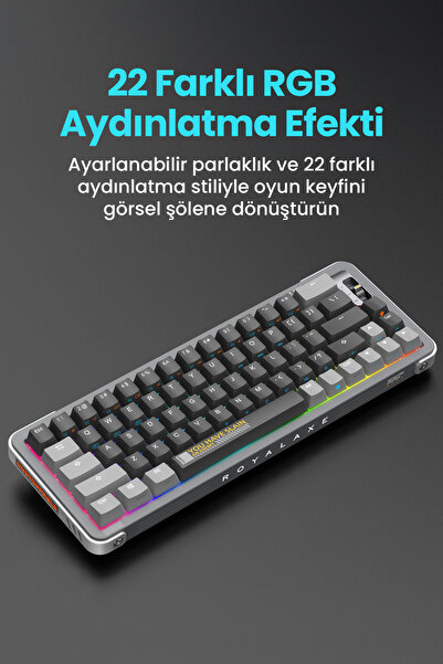 ROYALAXE Y68 PRO Gaming Mekanik Oyuncu Klavyesi, RGB Aydınlatma, Kablolu ve Kablosuz Kullanım, İngilizce Q