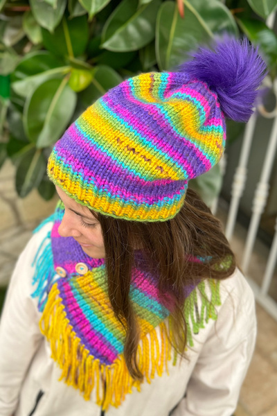Mila Colorful Hand Knitted Neck Collar & Beanie Set