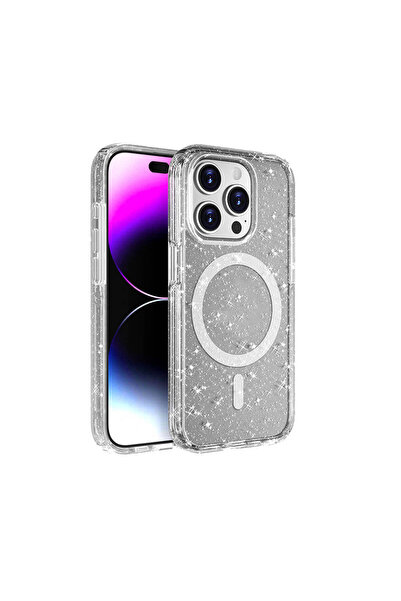UnDePlus Apple iPhone 16 Pro Max Kılıf Magsafe Şarj Özellikli Simli Sert Şeff...