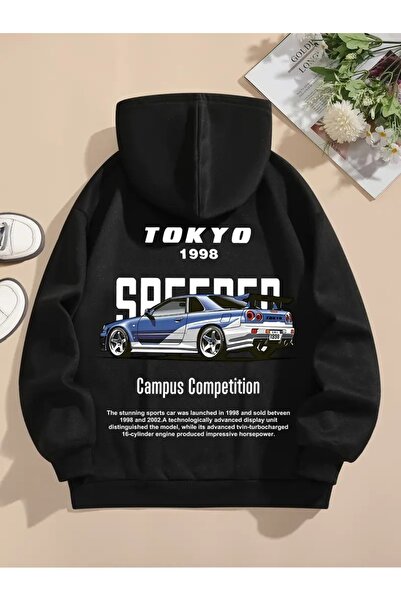 kahire للجنسين، رجالي/نسائي، سويت شيرت أسود، سميك من الداخل، طباعة طوكيو، كبي...