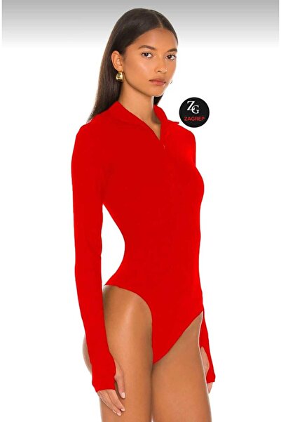 Zagrep Kadın Kırmızı Gizli Fermuarlı Parmak Geçmeli Çift Katlı Ipek Jarse Body