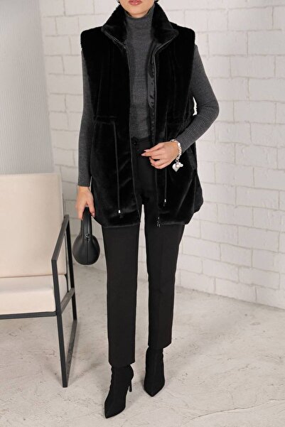 Melike Tatar Women's Faux Fur Waist Tie Detailed Zippered Vest