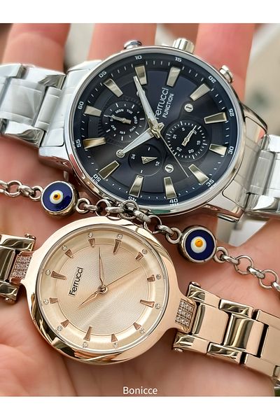 Ferrucci Silver Rose Colored Steel Band Lover Watches with Rosary Bracelet Gift