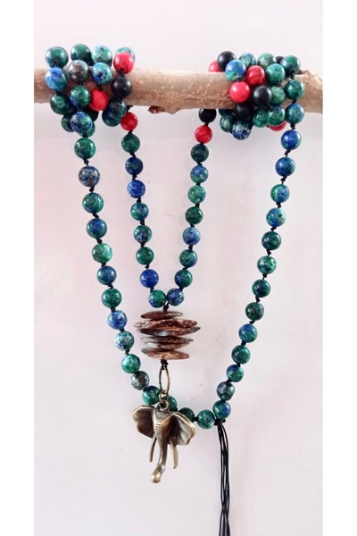 PİRAMİGO 108 Düğümlü Mala Kolye Azurit / Mercan Fil Uçlu
