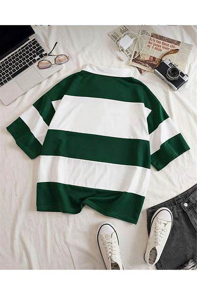 NewCabin Πράσινο-λευκό ριγέ Unisex μπλουζάκι Polo Oversize