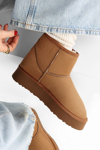Shoeberry Tan Textile - Γυναικείες Μπότες Suede, Κοντό μοντέλο με γούνα στο εσωτερικό
