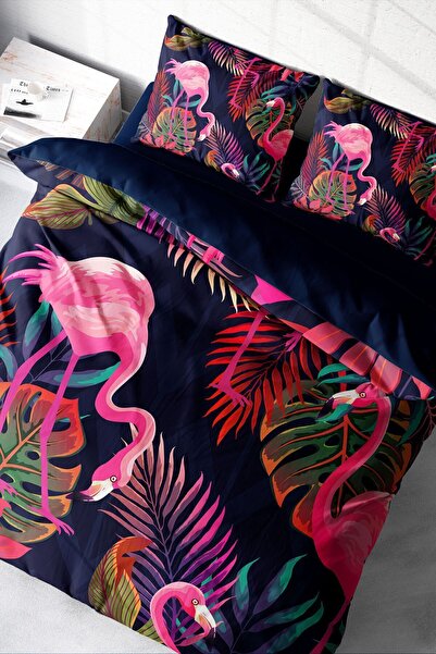 MonoHome Flamingo I - 100% Cotton Satin Double Duvet Cover Set with Elastic Sheets