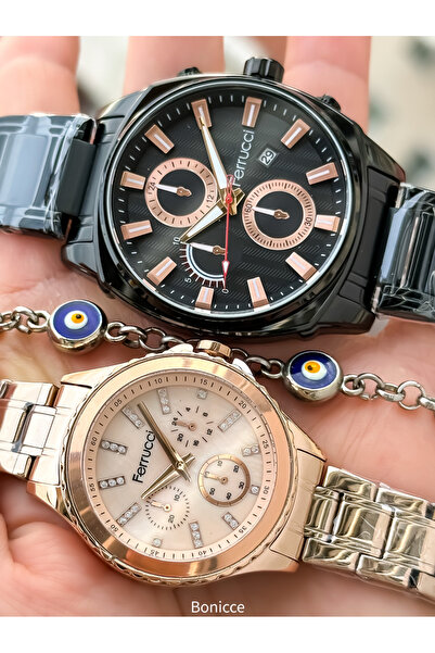 Ferrucci العلامة التجارية Black Rose - هدية للزوجين من ساعات المعصم وسوار المعصم مع حزام من الفولاذ