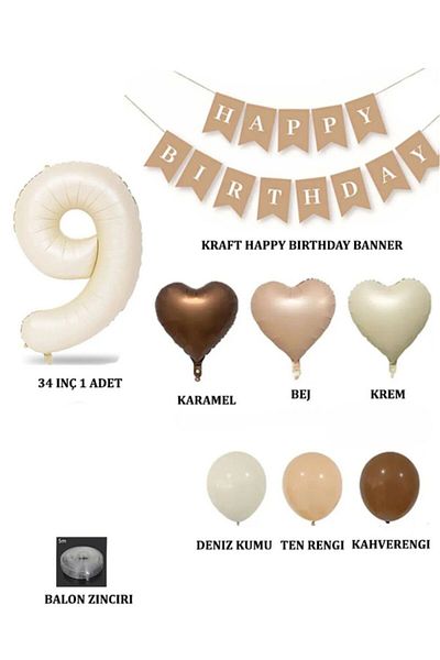Öz-bal Retro Birthday Set for All Ages; Cream Numeral Foil, Banner, Heart Foil and Latex Balloon