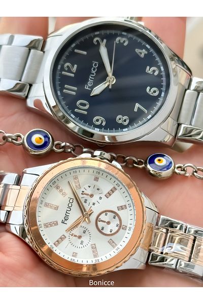 Ferrucci Silver Rose Colored Steel Band Lover Watches with Rosary Bracelet Gift