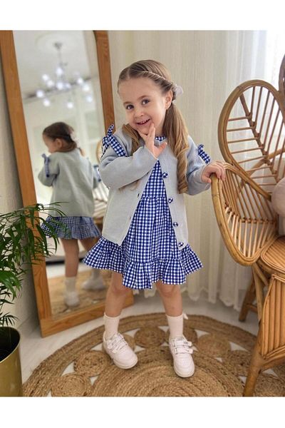 modavals Knitwear Cardigan Buckle Gingham Girl's Dress 3-Piece Combination