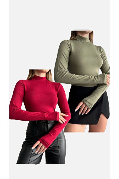 modazoom Body cu detaliu pe degete pentru femei, 2 piese, roșu claret kaki