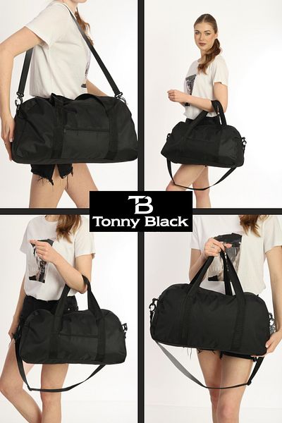 Tonny Black حقيبة رياضية أصلية للجنسين مكونة من قسمين بسحاب أمامي وحزام طويل وكبيرة الحجم للسفر واللياقة البدنية