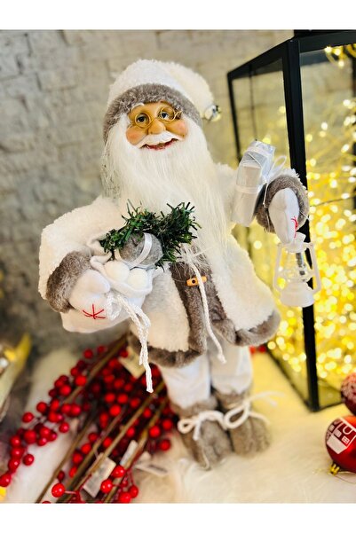 Elioure Yılbaşı Süsü Dekoru Dekoratif Hediye Çuvallı Fenerli Beyaz Noel Baba Figür 45 Cm