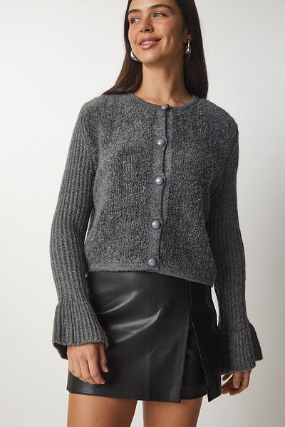 Lovelyİstanbul Grey Knitwear Boucle Cardigan - Buttoned, Lyy0067