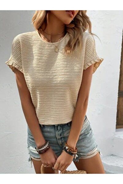 Genel Markalar Kadın kısa kollu fırfır detay bisiklet yaka bürümcük bluz