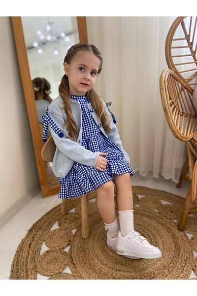 modavals Knitwear Cardigan Buckle Gingham Girl's Dress 3-Piece Combination