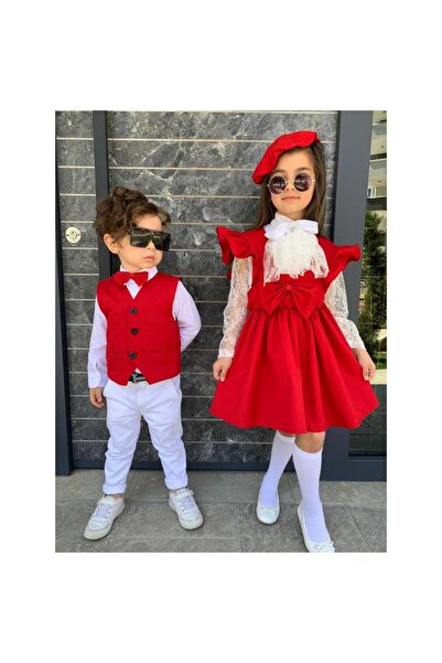 modavals KARDEŞ KOMBİN YELEKLİ PAPYONLU ERKEK ÇOCUK TAKIM - KIRMIZI