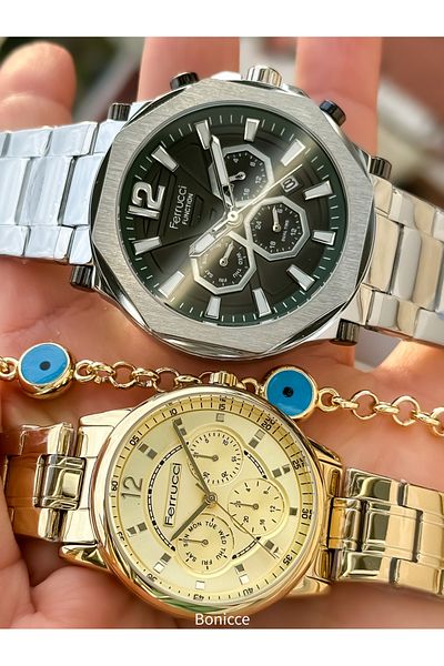 Ferrucci Brand Silver Yellow Color Steel Cord Dear Couple Wristwatches Bracelet