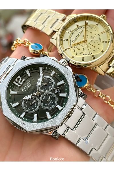 Ferrucci Brand Silver Yellow Color Steel Cord Dear Couple Wristwatches Bracelet