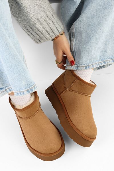 Shoeberry Tan Short Suede Boots - Γυναικεία Ύφασμα με Γούνα Εσωτερικά