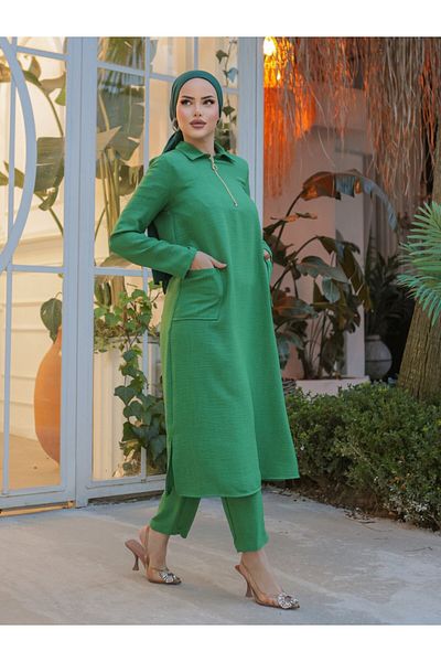 Modamorfo Green Long Linen Tunic - Collar Zipper and Bag Pocket