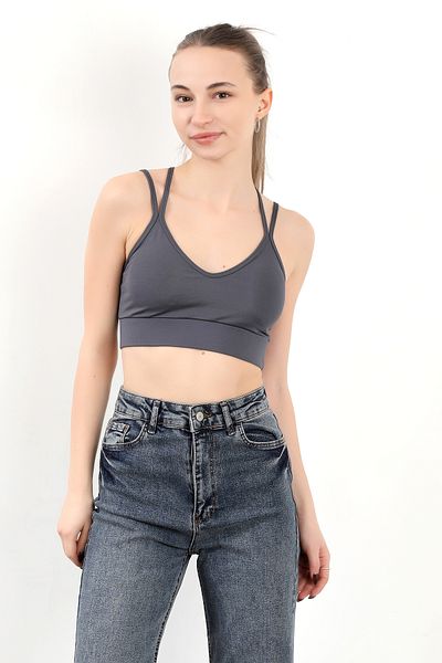 GİYSA Anthracite Covered Women's Bustier - Double String Straps and Back Cross Detail - 9024