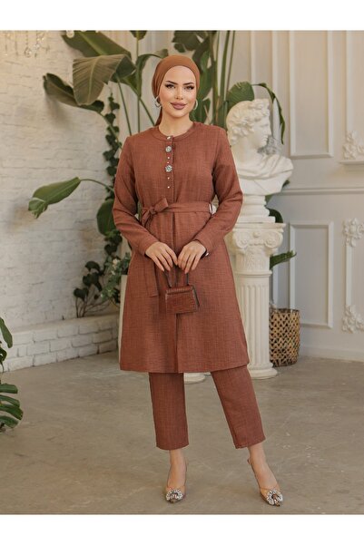 Modamorfo Taş İşlemeli Boydan Düğmeli Kuşaklı Keten Uzun Tunik -K. Kahve