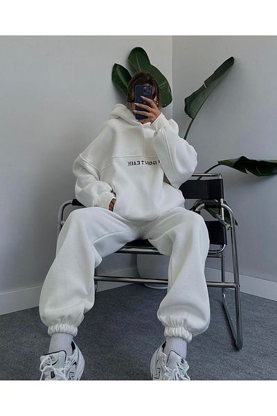 ForOre I Don'T Care White 3 Yarn Charted Oversize Sweat Tracksuit