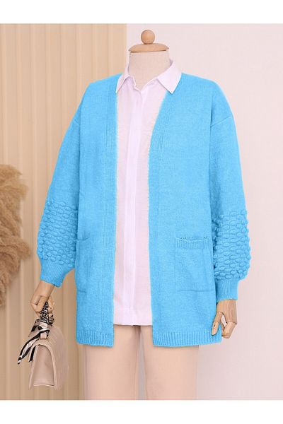 Modamorfo Balloon Sleeve Sleeve Pompom Pocket Cardigan -Turquoise