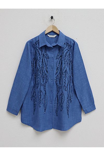 Modamorfo Hemd mit Pailletten-Stickerei und Knöpfen – Indigo