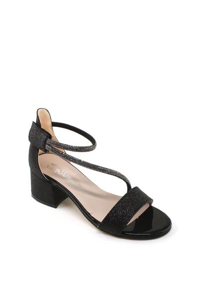 Pabuçland Stone Detailed Silvery Velcro Girls' Heeled Evening Dress Sandals Black